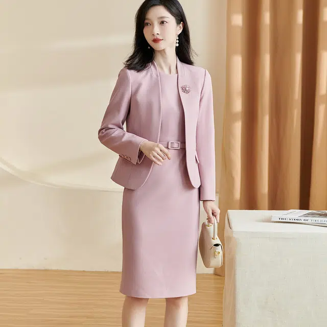 米思阳 休闲纯色外套无袖连衣裙西装套装 女款 粉色