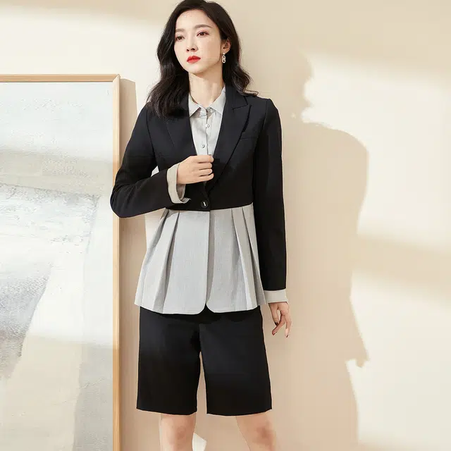 米思阳 撞色压褶西装纯色短款西装套装 女款 黑色