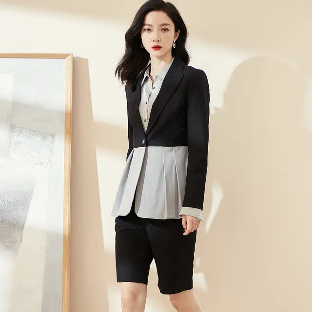 米思阳 撞色压褶西装纯色短款西装套装 女款 黑色