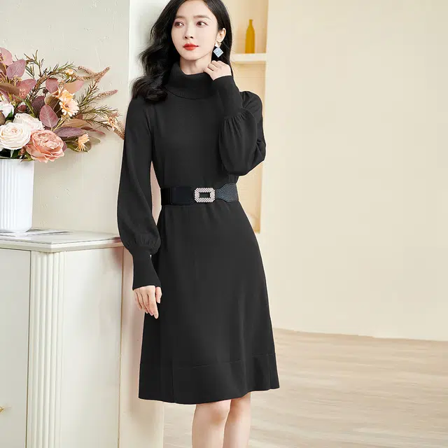 米思阳 纯色知性优雅泡泡袖修身长袖连衣裙