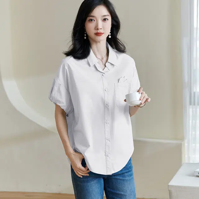 米思阳 纯色方领纽扣短袖衬衫 女款 白色