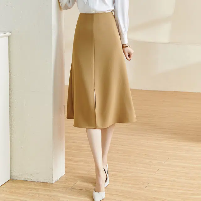 米思阳 纯色时尚百搭休闲长裙 卡其色