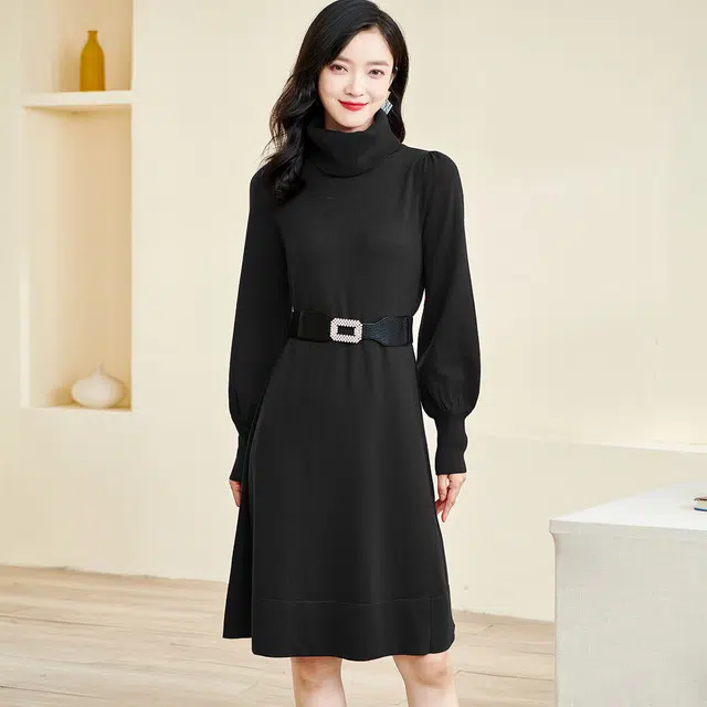 米思阳 纯色知性优雅泡泡袖修身长袖连衣裙