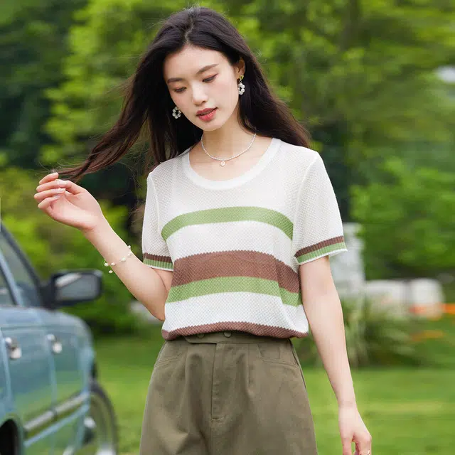 苏醒的乐园 圆领套头条纹短袖针织衫 女款 绿色条纹