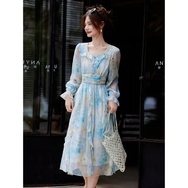 桴生 时尚度假通勤气质雪纺碎花收腰长袖连衣裙 女款