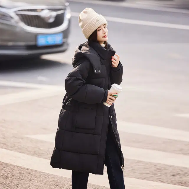 苏醒的乐园 连帽长款宽松加厚保暖棉服 女款 黑色