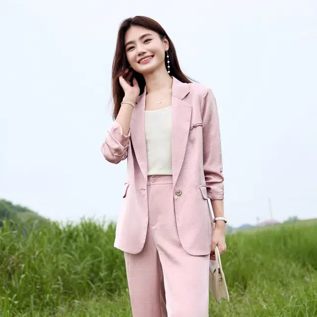 苏醒的乐园 通勤纯色薄款西装领一粒扣九分袖西装 女款 粉色