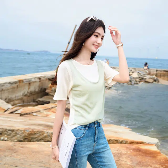 苏醒的乐园 通勤圆领修身打底套头薄款短袖针织衫 女款