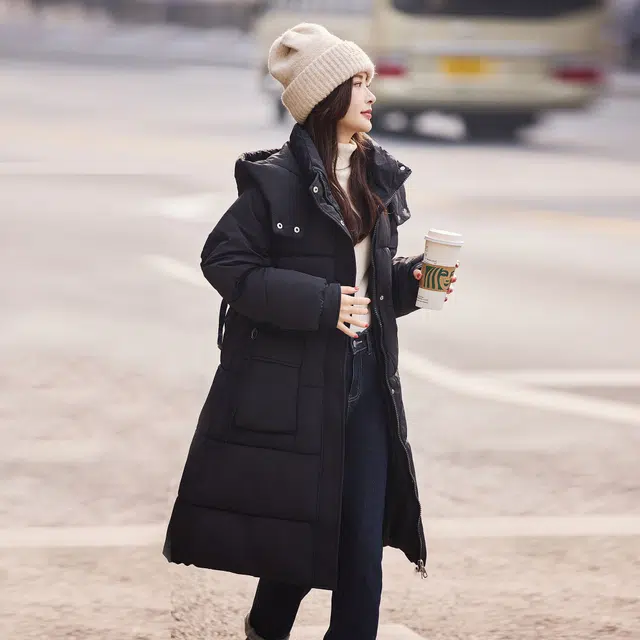 苏醒的乐园 连帽长款宽松加厚保暖棉服 女款 黑色