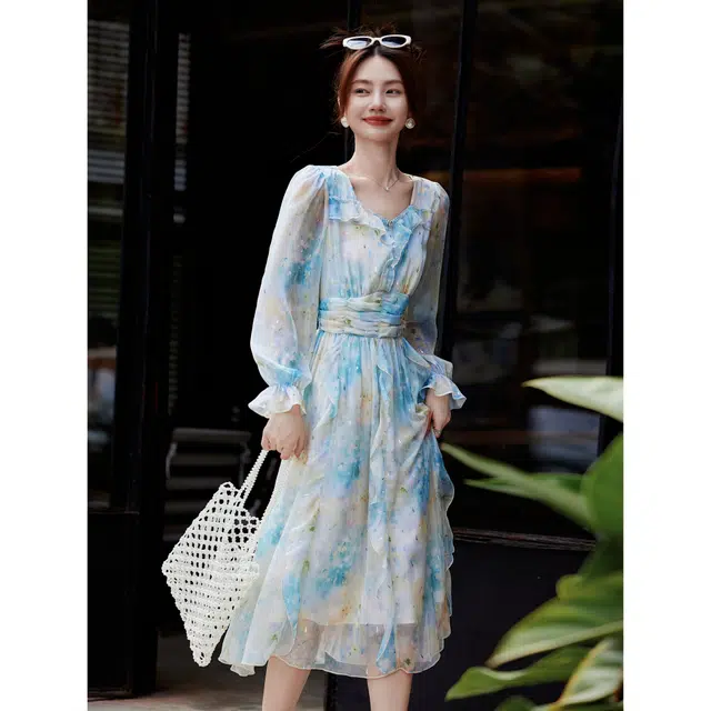 桴生 时尚度假通勤气质雪纺碎花收腰长袖连衣裙 女款