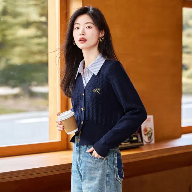 苏醒的乐园 条纹翻领针织毛衣 女款 藏青色