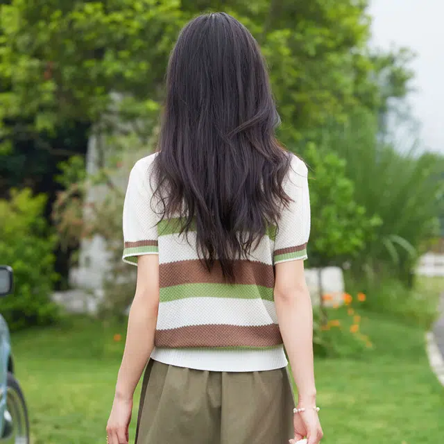 苏醒的乐园 圆领套头条纹短袖针织衫 女款 绿色条纹