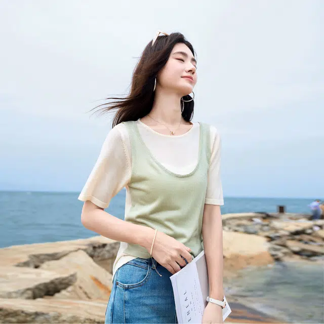 苏醒的乐园 通勤圆领修身打底套头薄款短袖针织衫 女款