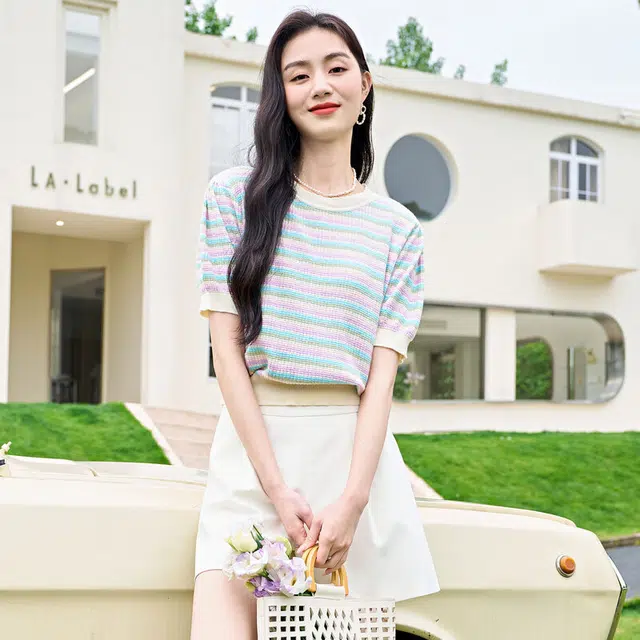 苏醒的乐园 圆领短袖针织衫 女款 紫色条纹