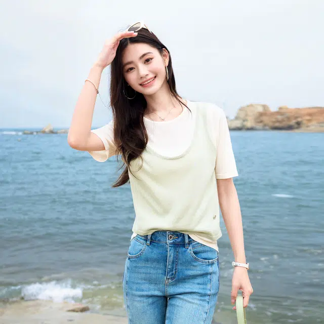 苏醒的乐园 通勤圆领修身打底套头薄款短袖针织衫 女款
