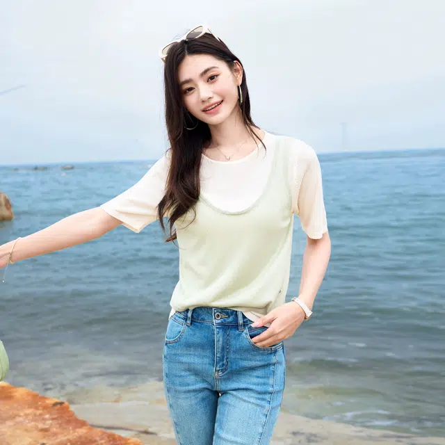 苏醒的乐园 通勤圆领修身打底套头薄款短袖针织衫 女款