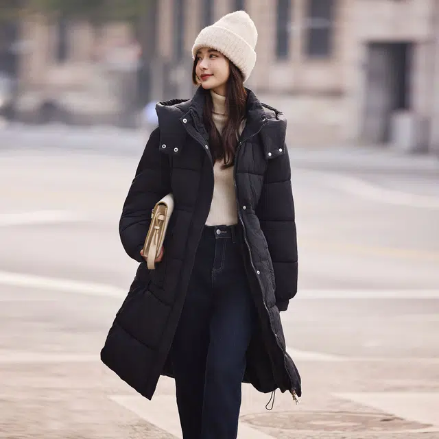 苏醒的乐园 连帽长款宽松加厚保暖棉服 女款 黑色