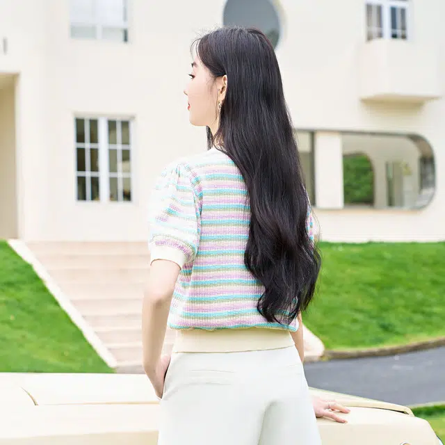 苏醒的乐园 圆领短袖针织衫 女款 紫色条纹