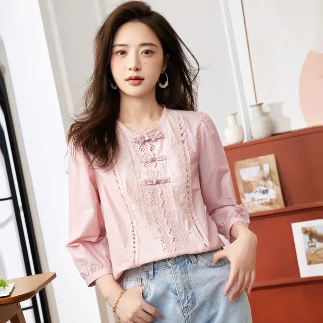 苏醒的乐园 通勤女装纯色圆领套头长袖衬衫 女款
