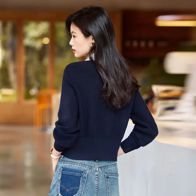 苏醒的乐园 条纹翻领针织毛衣 女款 藏青色