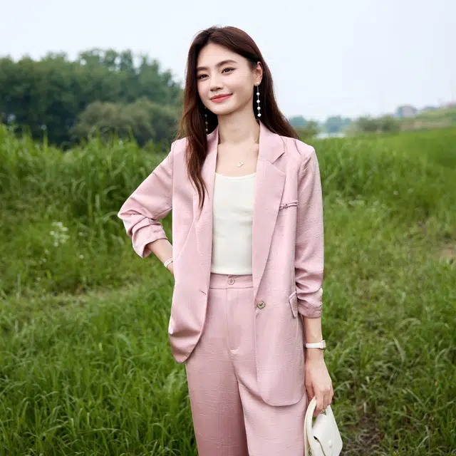 苏醒的乐园 通勤纯色薄款西装领一粒扣九分袖西装 女款 粉色