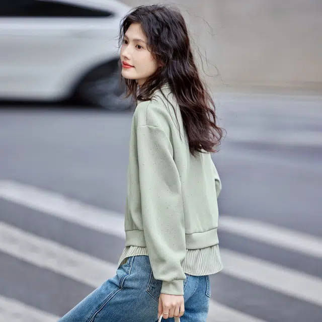 苏醒的乐园 时尚宽松学院风叠穿显瘦简约拼接卫衣 女款 绿色