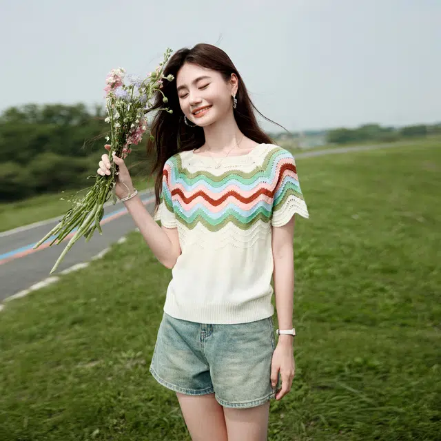 苏醒的乐园 通勤圆领套头薄款短袖针织衫 女款 米色
