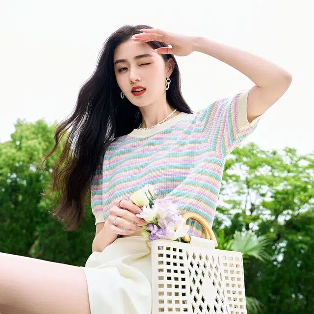 苏醒的乐园 圆领短袖针织衫 女款 紫色条纹
