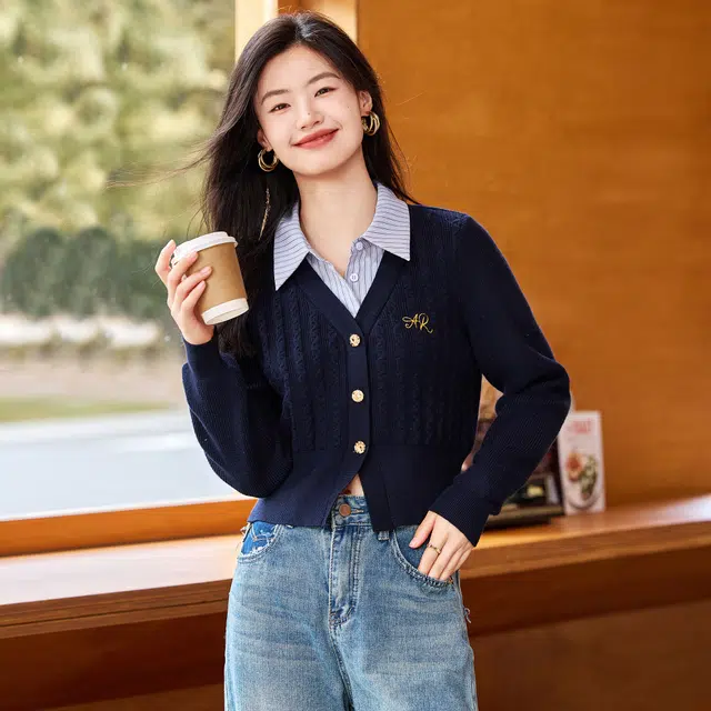 苏醒的乐园 条纹翻领针织毛衣 女款 藏青色