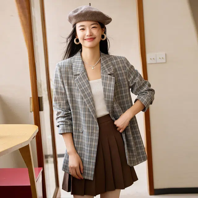 苏醒的乐园 文艺风上衣西服外套西装领西装 女款 灰格