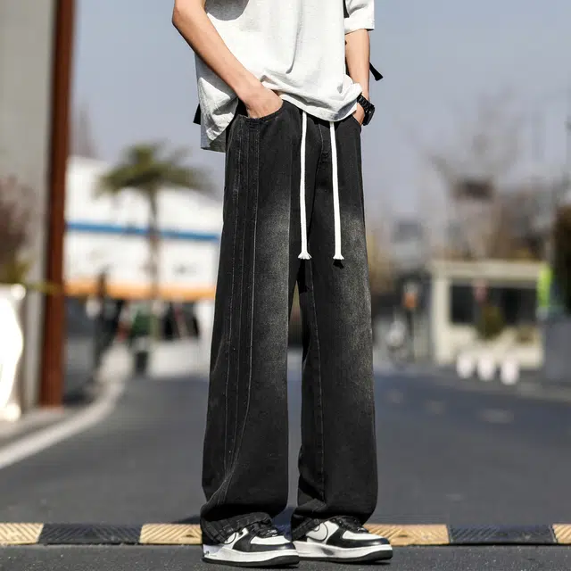 美式复古高街风宽松百搭水洗基础款长裤通勤休闲兼具多种设计元素牛仔裤 男女同款