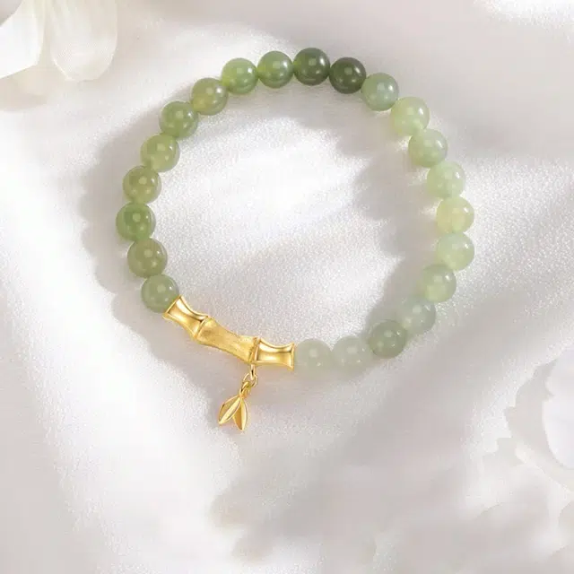 爱恋珠宝 新中式国风竹节竹叶经典款优雅气质手饰礼物节节高升学业事业上岸 弹力绳  足金 和田玉 黄金手串 女款