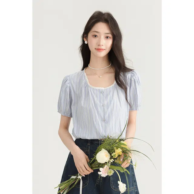 如续 设计感爱心纽扣花边上衣短袖衬衫 女款
