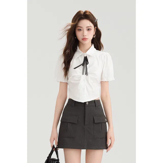 如续 泡泡袖短款后背系绑收腰短袖衬衫 女款