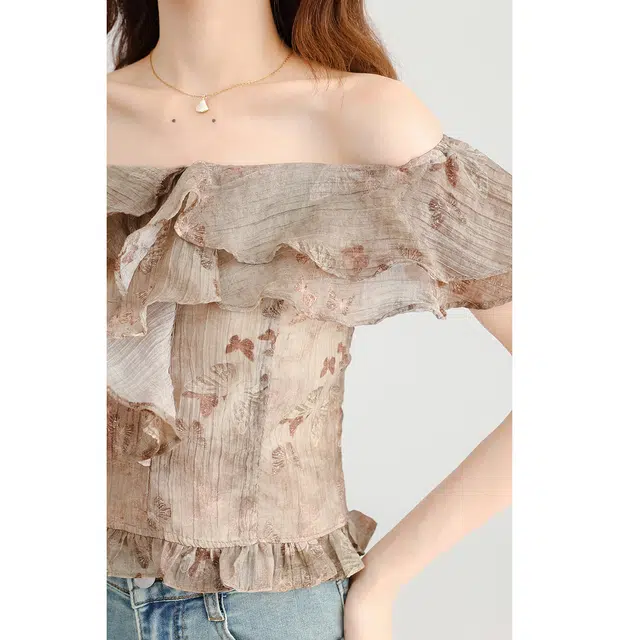 如续 荷叶袖碎花舒适短袖衬衫 女款