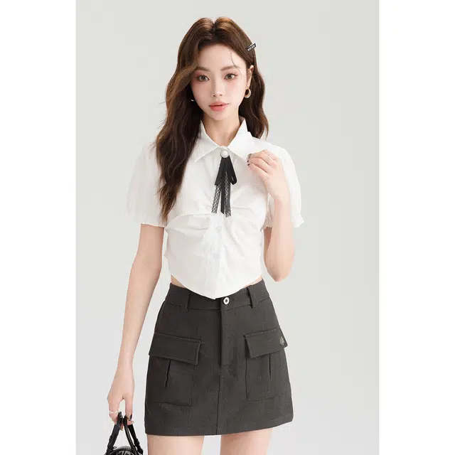 如续 泡泡袖短款后背系绑收腰短袖衬衫 女款