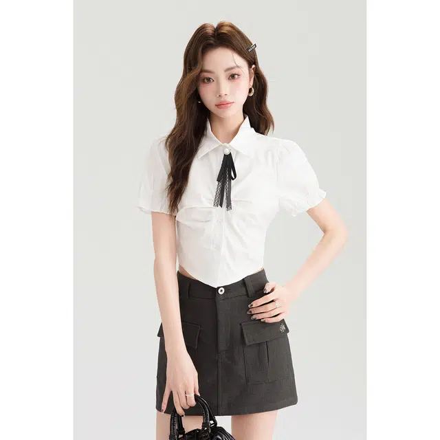 如续 泡泡袖短款后背系绑收腰短袖衬衫 女款