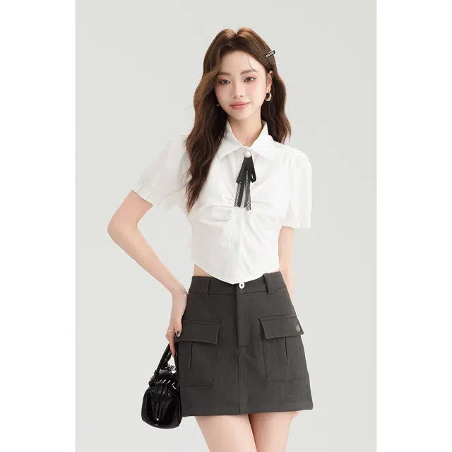 如续 泡泡袖短款后背系绑收腰短袖衬衫 女款