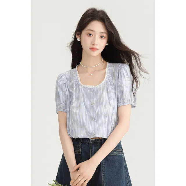 如续 设计感爱心纽扣花边上衣短袖衬衫 女款