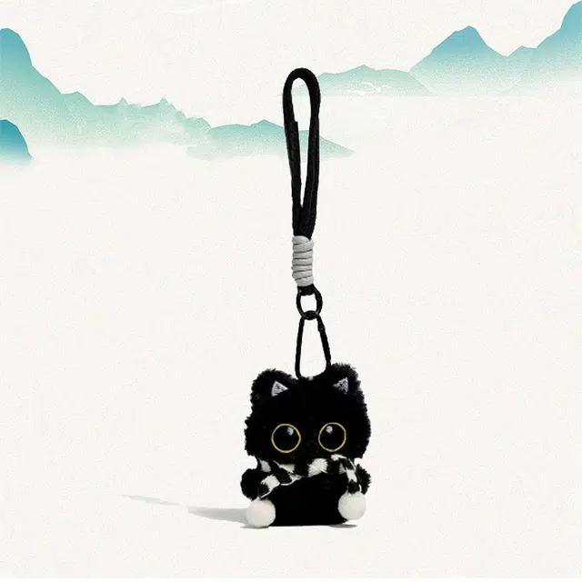 卡莱茵 挂绳版围脖小黑猫包包挂饰 可爱猫咪尼龙#好运 毛绒 挂件 男女同款情侣款