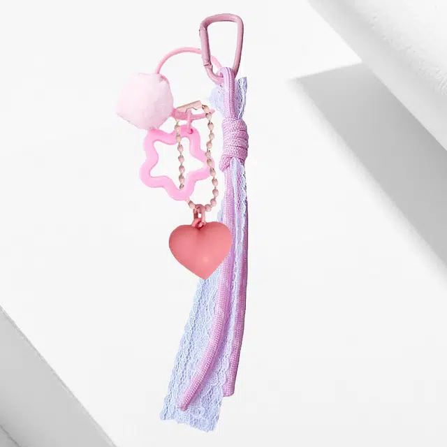 卡莱茵 【爱心小星星】创意粉色系带小毛球  镂空手机包包挂绳  #好运 尼龙 挂件 男女同款情侣款