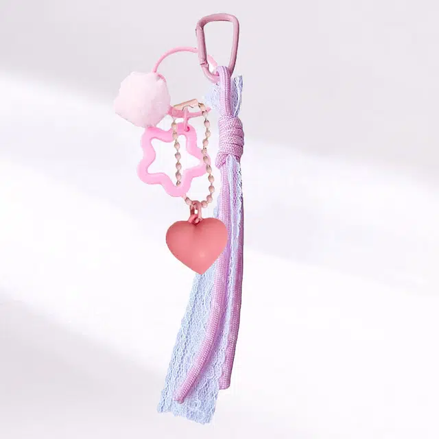 卡莱茵 【爱心小星星】创意粉色系带小毛球  镂空手机包包挂绳  #好运 尼龙 挂件 男女同款情侣款