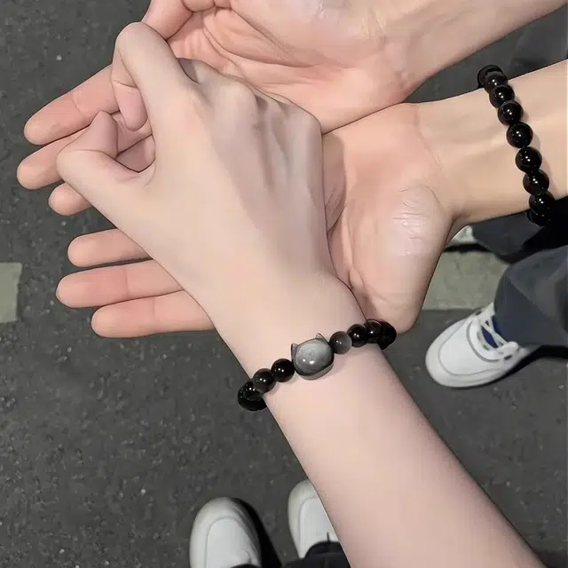 九华山 招财纳福 福气小猫 可爱个性转运珠小众高级感甜酷珠串 国潮新中式学生日常通勤 礼盒装 #好运 黑曜石 手串 男女同款情侣款