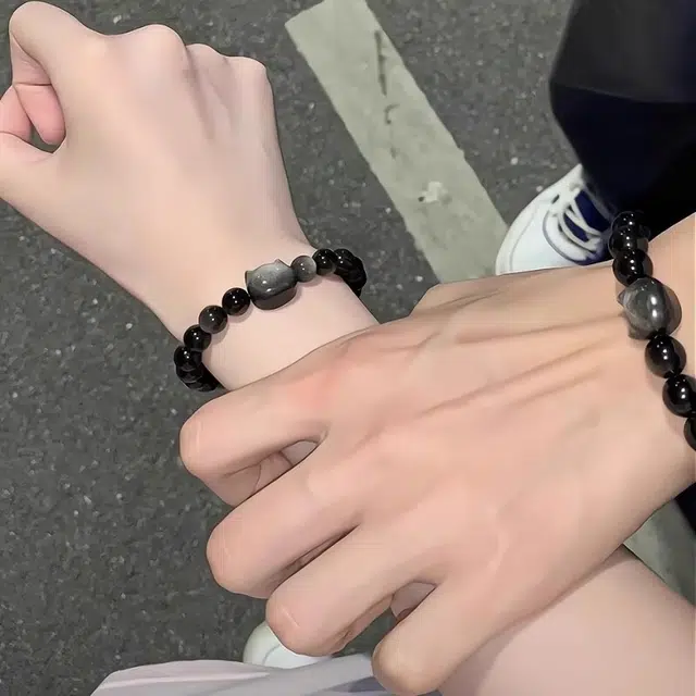 九华山 招财纳福 福气小猫 可爱个性转运珠小众高级感甜酷珠串 国潮新中式学生日常通勤 礼盒装 #好运 黑曜石 手串 男女同款情侣款
