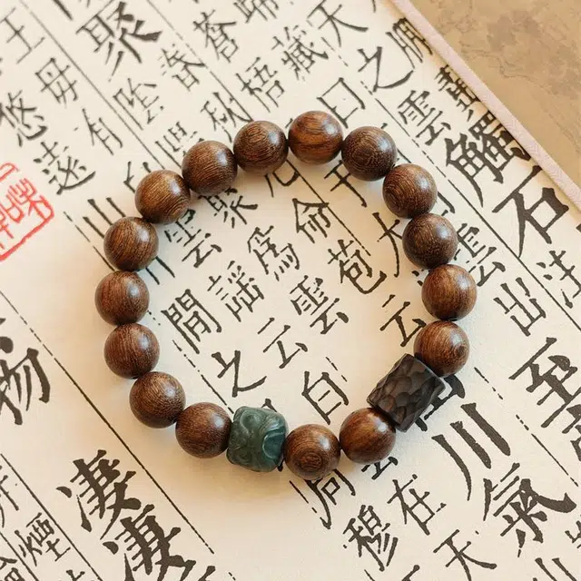 九华山 新中式国潮纳福狮来运转平安喜乐 复古转运佛珠手饰#好运 金丝檀木 木作手串 男女同款情侣款