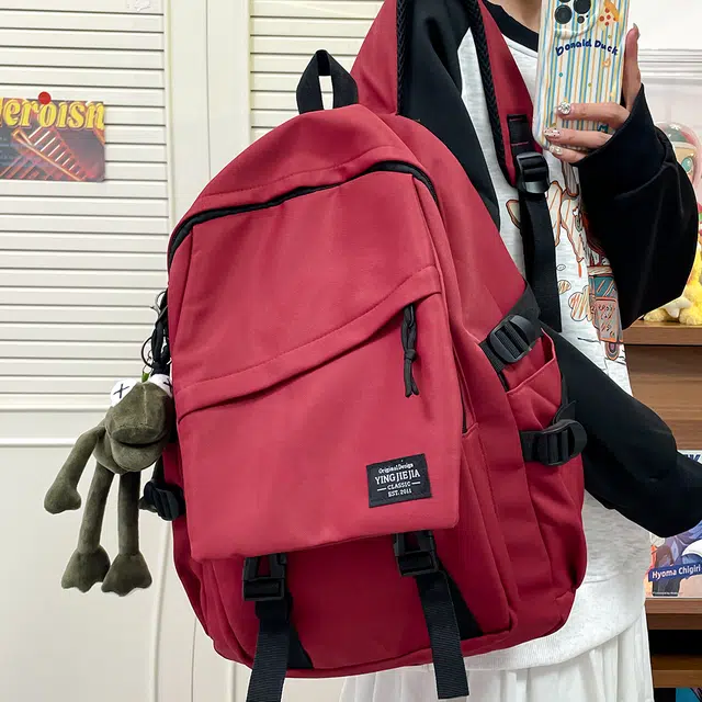 蔻蒂熊 男士简约百搭大容量电脑旅行背包女初中生高中大学生书包男 尼龙布 双肩包 常规 青少年 米白色/灰色/黑色/红色/蓝色