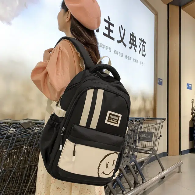 蔻蒂熊 学院风初高中学生上课书包韩版简约撞色百搭背包大容量通勤 尼龙布 双肩包 常规 青少年 白色/黑色/红色/紫色/卡其色/蓝色