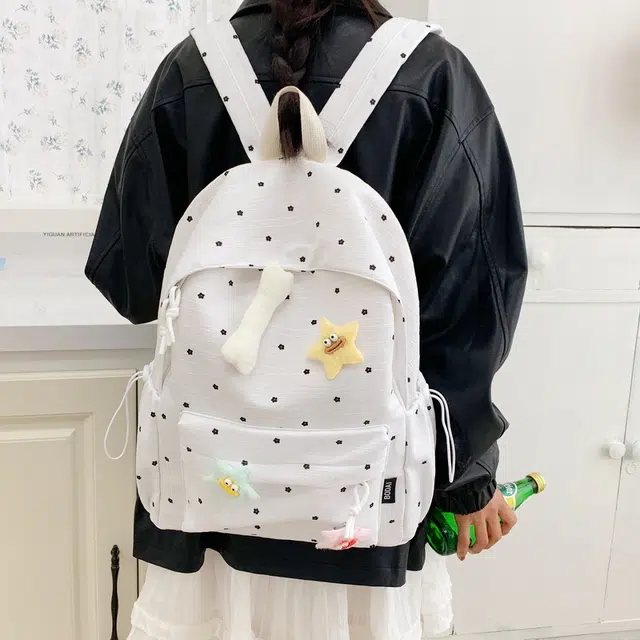 蔻蒂熊 氛围书包大学生高中生百搭碎花初中生小众设计少女背包可爱波点大容量 尼龙布 双肩包 常规 白色/黑色/红色
