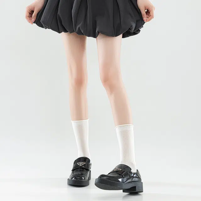 拾袜记 纯色薄款凉感舒适透气卷边堆堆中筒袜 女款 组合装