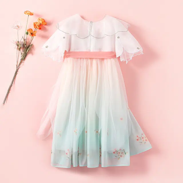 十月妈咪 中式国风刺绣碎花网纱短袖连衣裙汉服 夏 儿童款 湛蓝蝴蝶